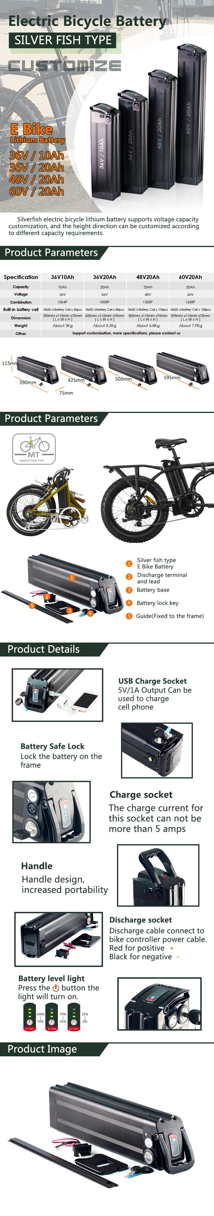 Batterie à vélos E-Bike 36V 13Ah Poisson d'argent Lithium Li-ion Batterie pour vélos électriques 350W vélo