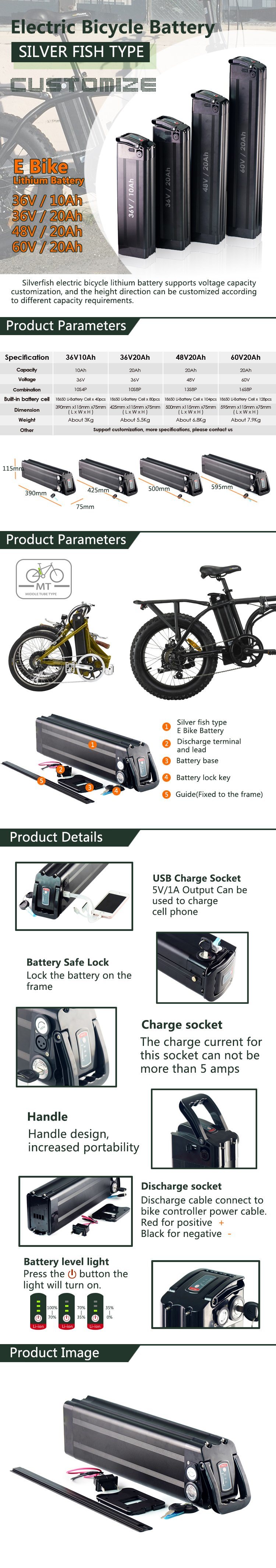 E-Bike-Batterie 36V 13AH Silberfisch Lithium Li-Ion-Batterie für 350W Elektrische Fahrräder Fahrrad