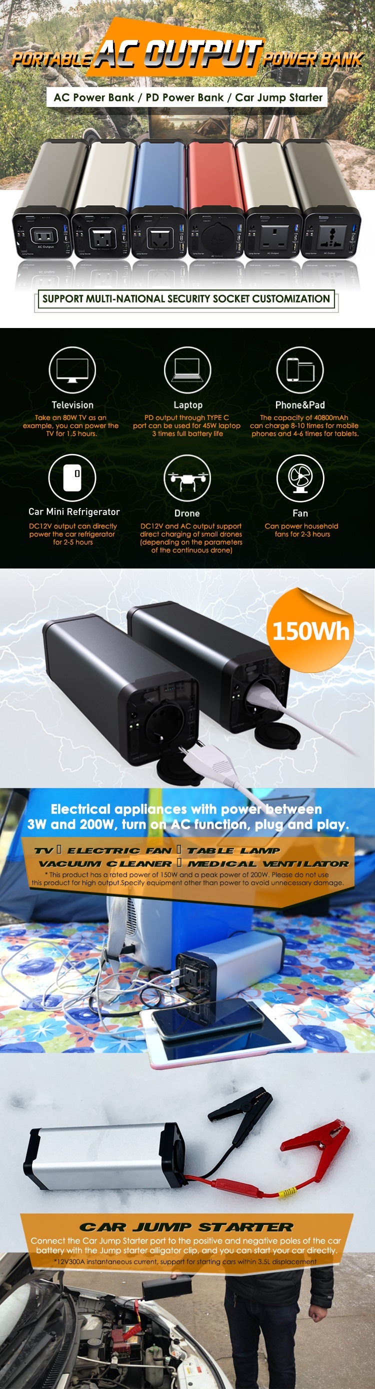 USA Branchez Fast Chargeur Fast 150W Portable Solar 12V DC Power Bank 40000mAh 2200V Outlet pour l'extérieur