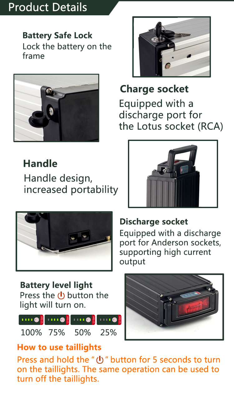 Batterie à vélo électrique 500W Batterie de lithium à rack arrière 36V 15AH avec boîtier en aluminium + chargeur Li-ion 2A