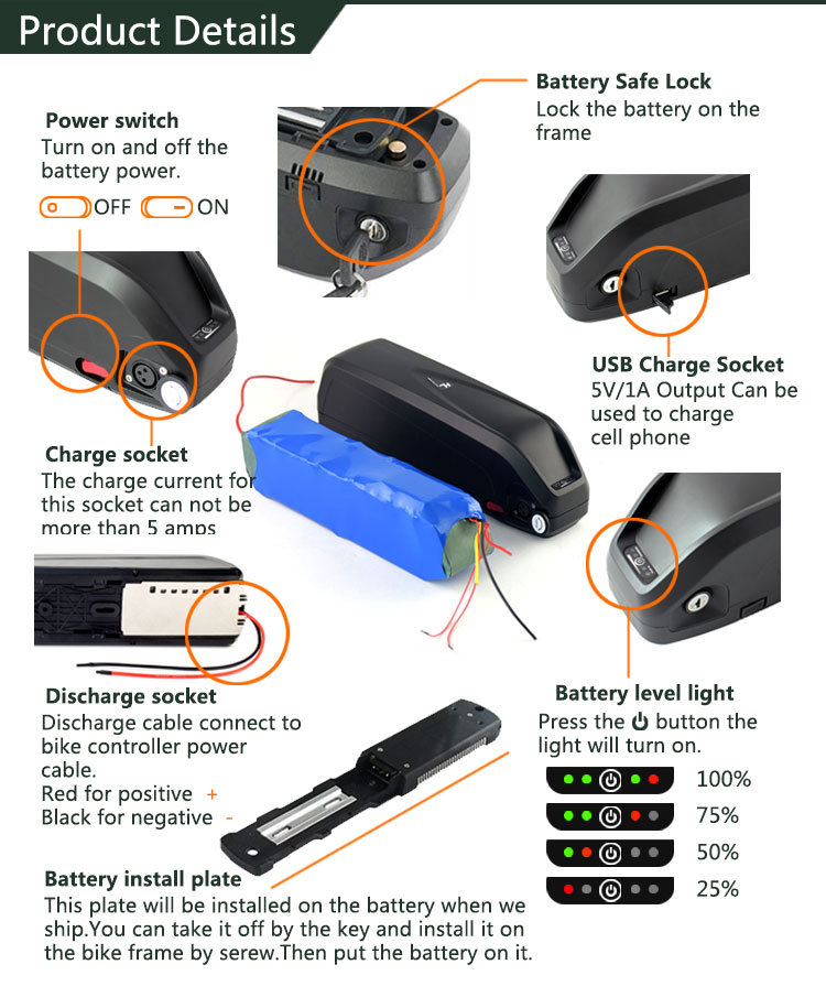 Batterie EBIKE 48V 17.5AH 20AH DownTube Lithium Lon Batterie pour moteur de vélo électrique de 750W 1000W