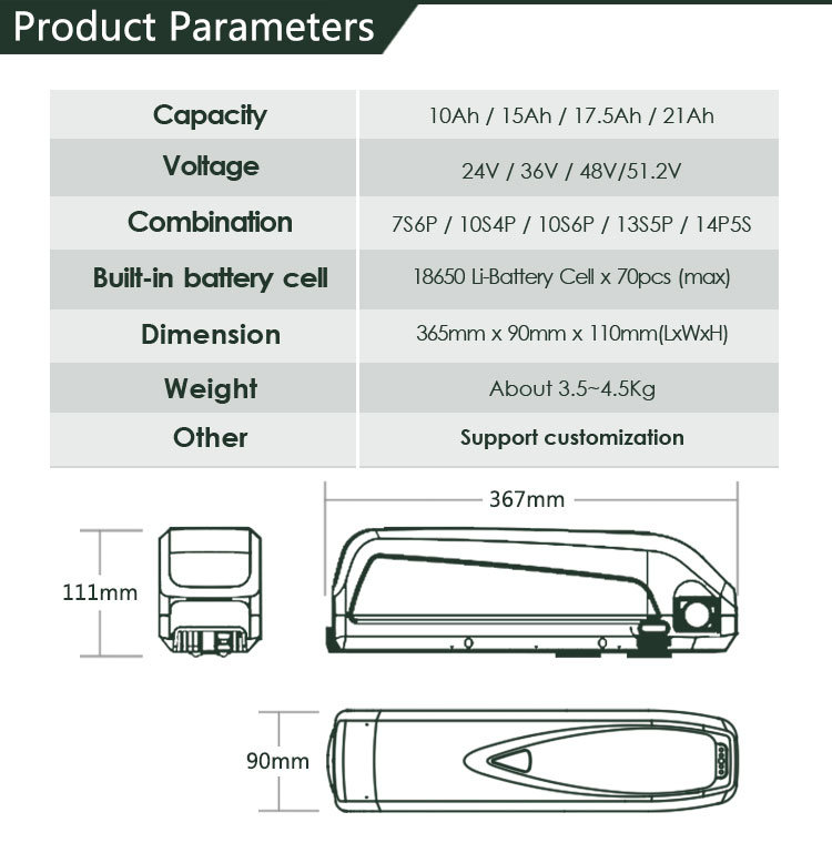 Batterie EBIKE 48V 17.5AH 20AH DownTube Lithium Lon Batterie pour moteur de vélo électrique de 750W 1000W