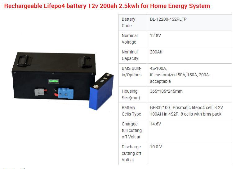 Bateria LIFPO4 recarregável 12v 200ah 2.5KWh para sistema de energia em casa