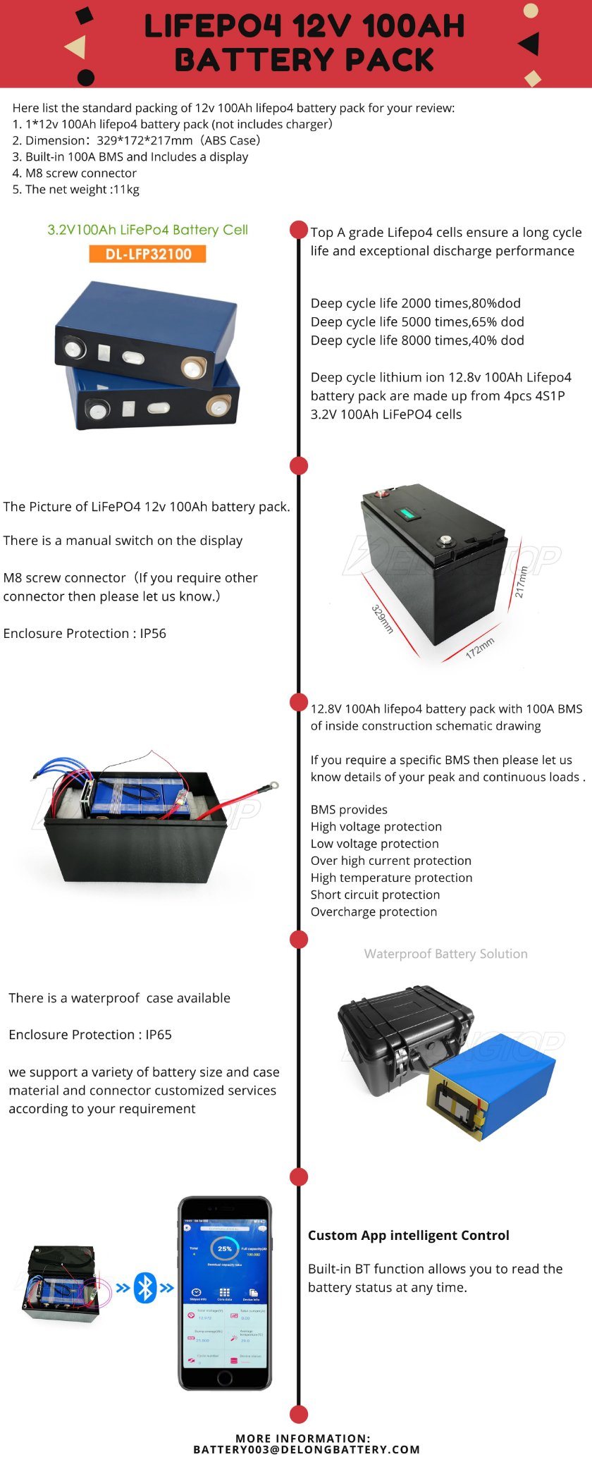 Delongtop 12V 100Ah-Akku-LiFePo4-Batterie für Sonnensystem