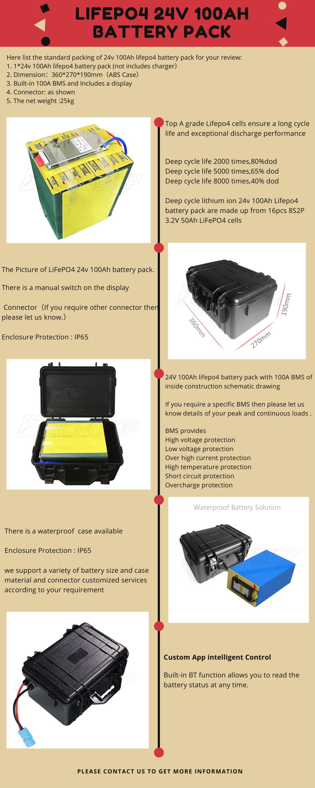 Batterie de lithium rechargeable 24V 100ah Cycle Deep LifePo4 Batterie