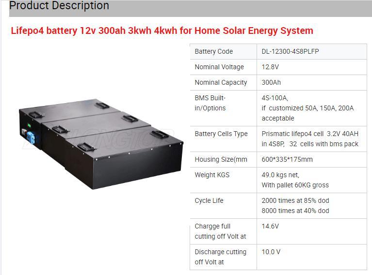 Batería de iones de litio LFP 12V 300AH para kit de conversión de automóviles eléctricos